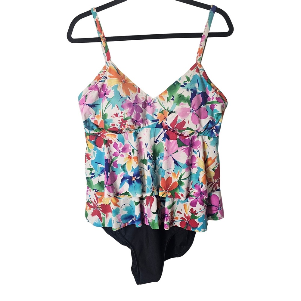 Miraclesuit Floral Faux Tankini Swimsuit One Piece Multicolor Slimming 16/18